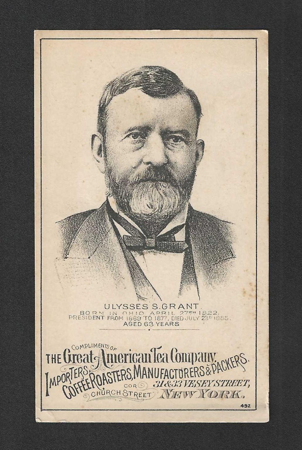 c1880's HD2A Trade Card - Great American Tea Company - President Ulysses S Grant