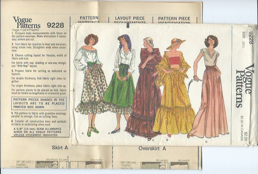 Vogue 9228 sewing pattern 70's Hippie SKIRTS ruffle Boho SHAWL sew size 12 UNCUT