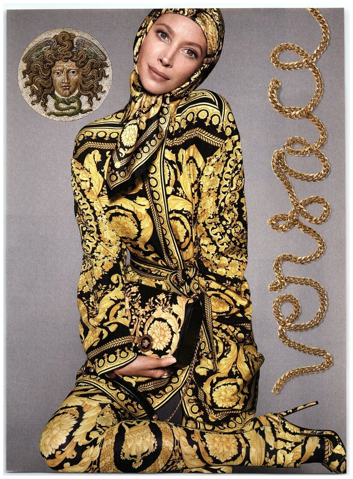 2018 Versace Print Ad, Christy Turlington Pin-Up S/S Campaign Barocco Print