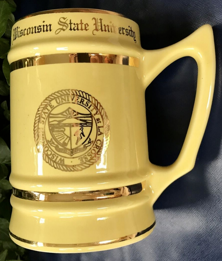 Vtg Wisconsin State University La Crosse Ceramic Stein Mug Gold Trim WC Bunting