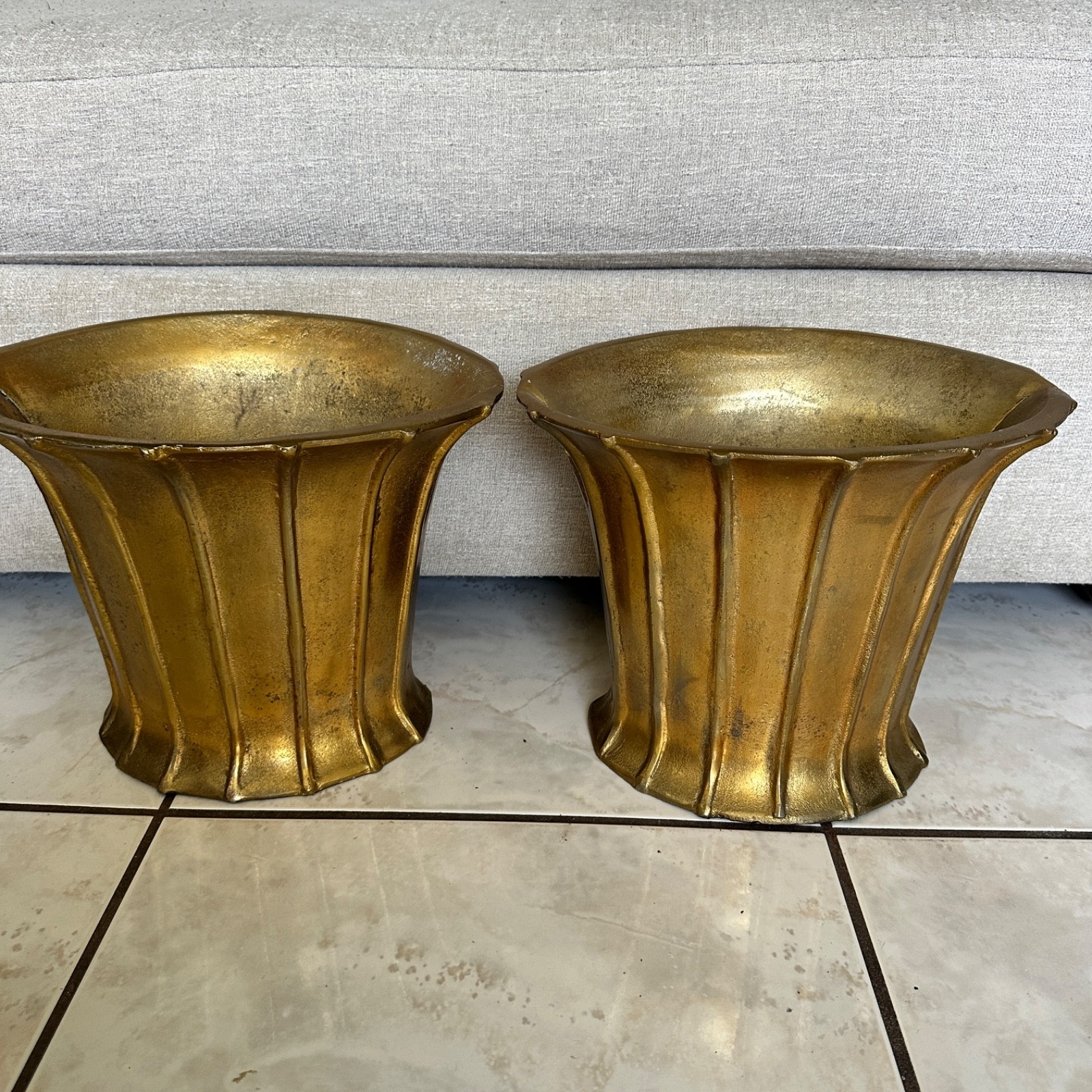 Pair Vintage Heavy Metal Gold Fluted Planters 10x13