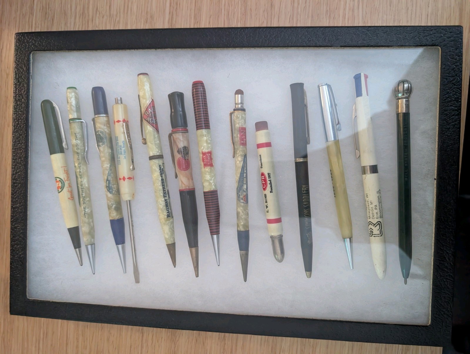 Railroad Mechanical Advertising Pencils Pens Pocket tool Vintage Rare lot w/case