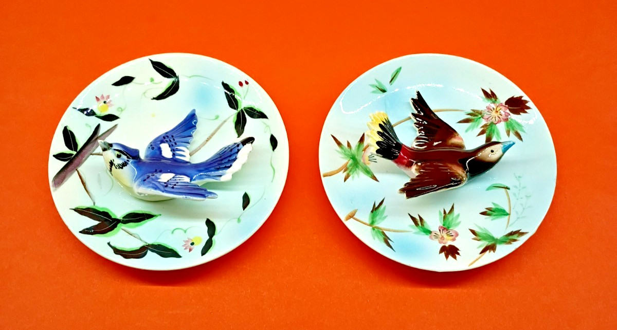 2 Vintage Made in Japan 3D Bird Plates Blue Jay & Baltimore Oriole 1950\'s 60\'s