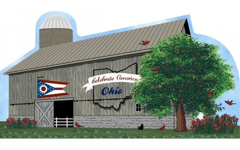 Cat’s Meow Village Ohio State Barn R1181 Buckeye Cardinal Carnation Wood Sitter