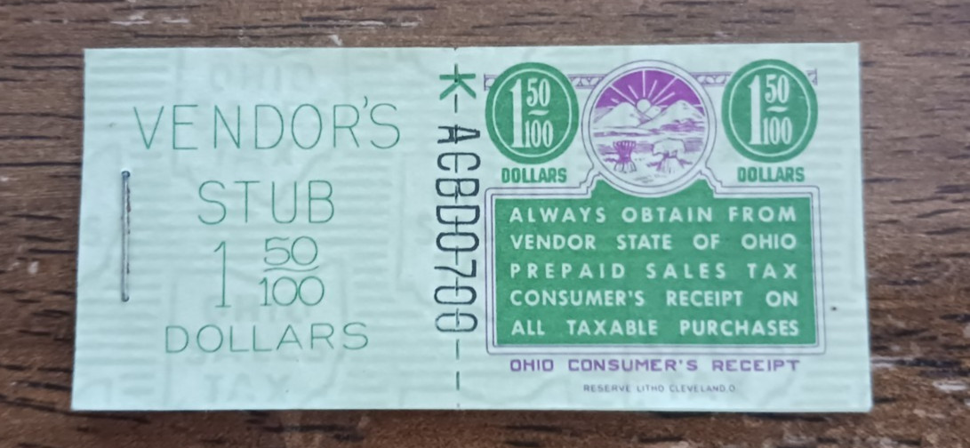 Vintage Ohio consumer\'s Receipt Stamp vendor\'s stub 1.50