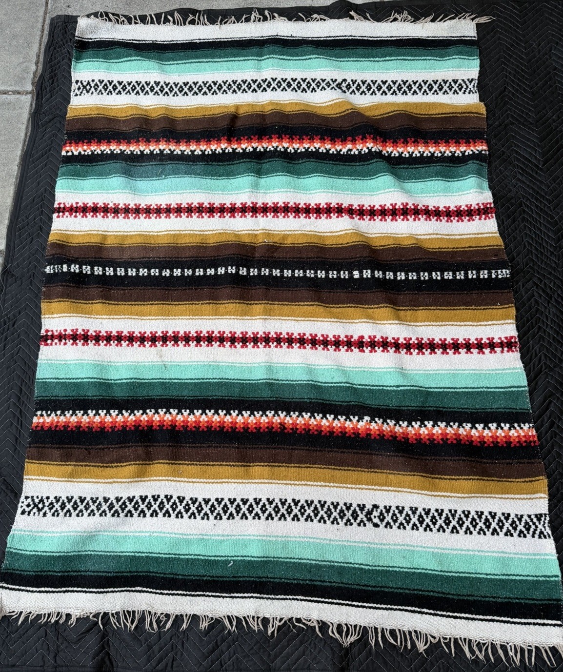 Vintage Mexican Stripe Serape Zarape Blanket Woven Throw Fringe 52”x71” cabin