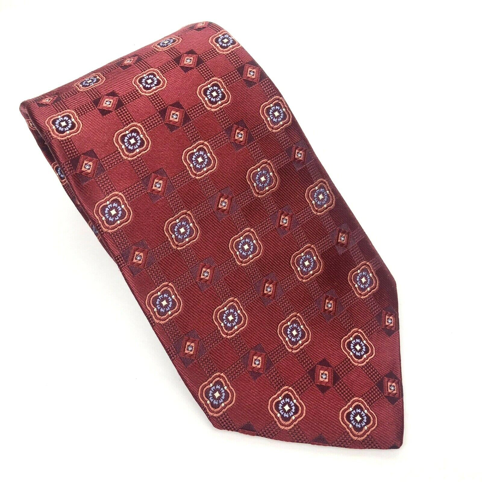 Hart Schaffner Marx Tie Silk Necktie Geometric Check Burgundy Made in USA