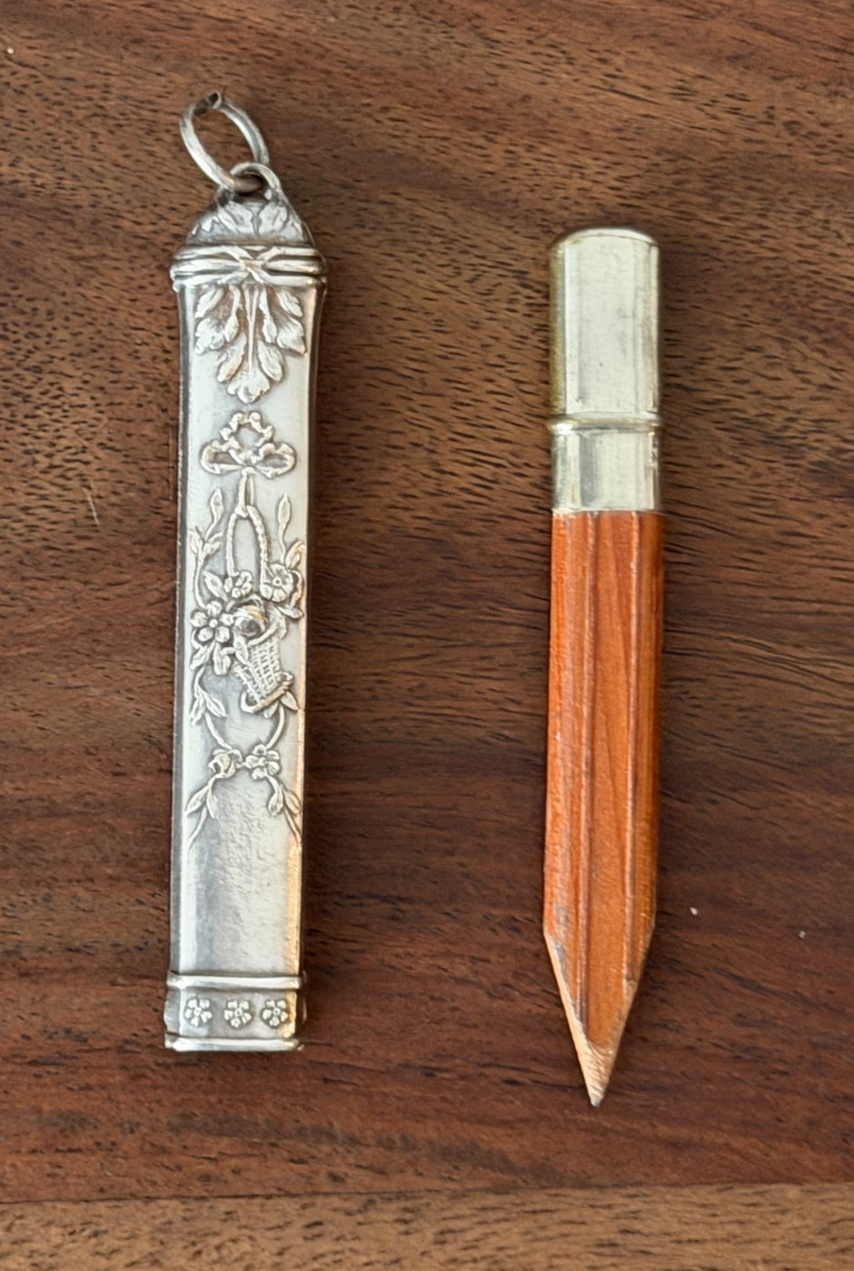 Antique Victorian Chatelaine Pencil Holder Floral Basket Repousse Fob c1900