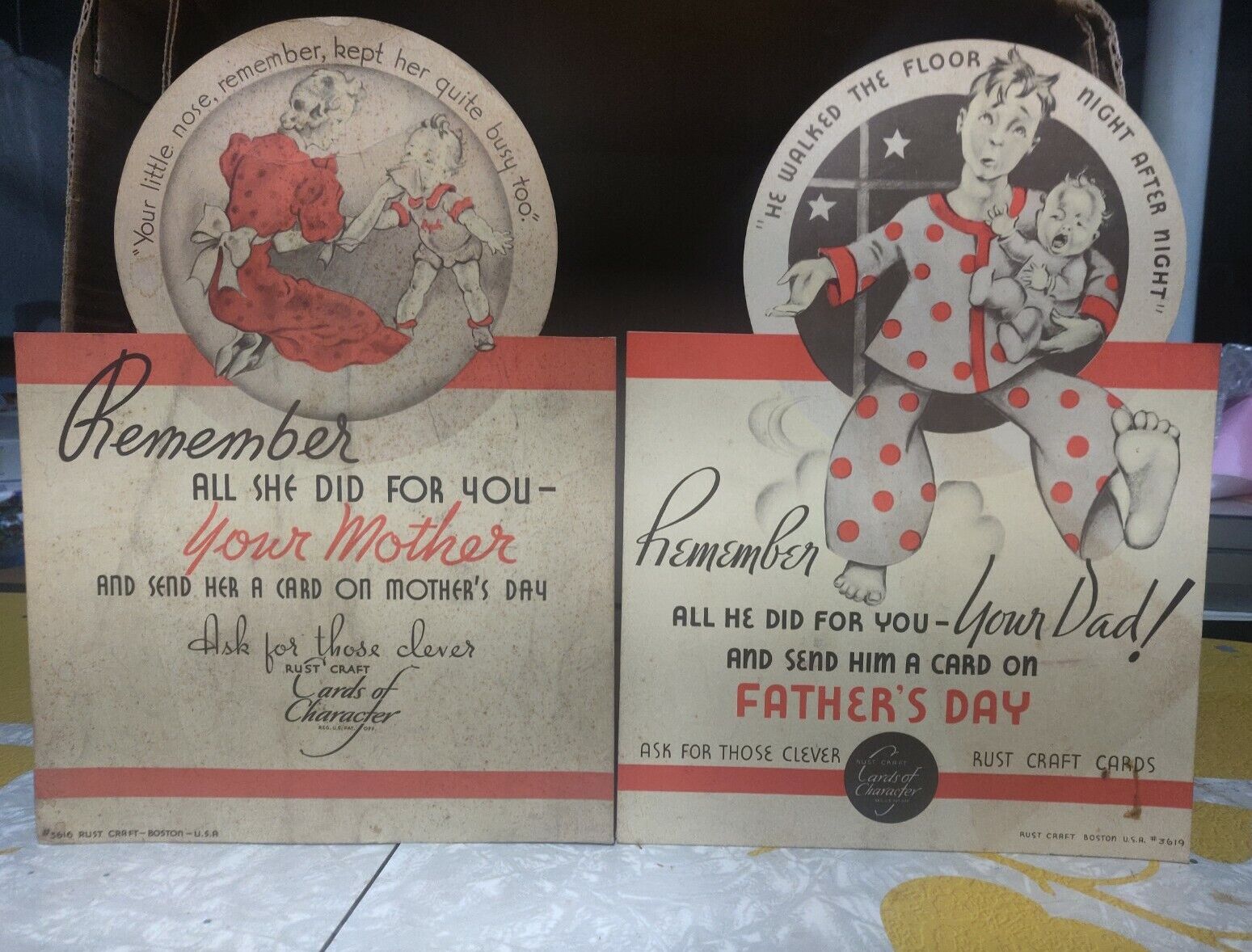 2 VINTAGE RUST CRAFT MOTHERS & FATHERS DAY CARD STORE DISPLAY,WINDOW SIGN 50s