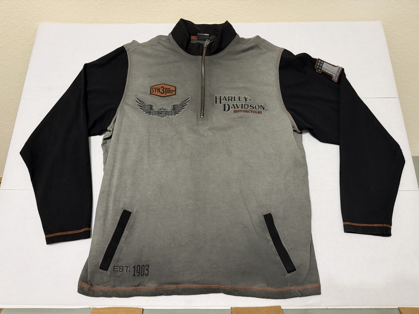 Men's Harley Davidson 1/4 Zip Black/Gray Iron Block Pullover Jacket - NEW