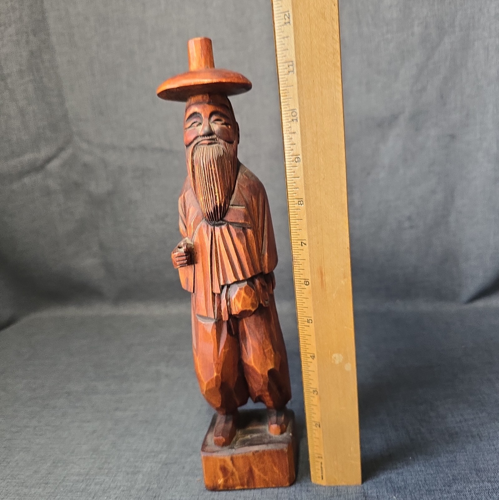 Vintage Carved Wood Old Asian Man With Hat And Cane Vintage Carved Wood Old Asian Man With Hat And Cane