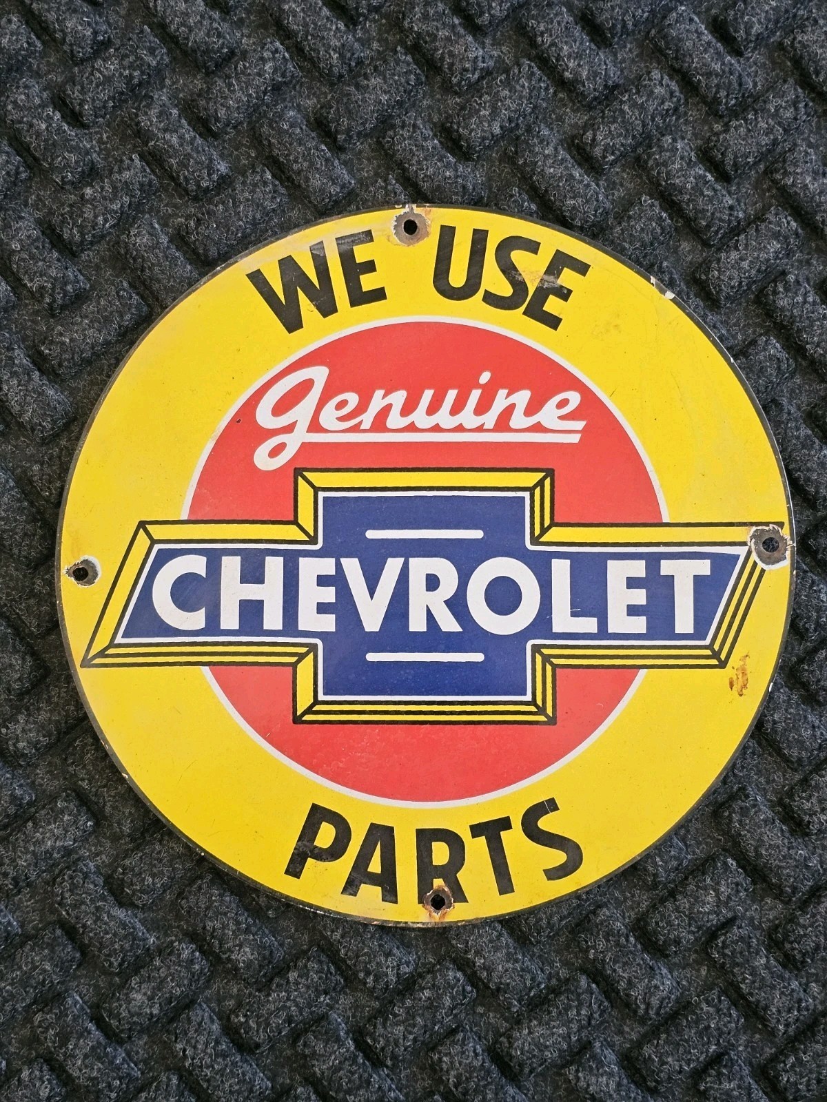 VINTAGE WE USE GENUINE CHEVROLET PARTS  PORCELAIN SIGN