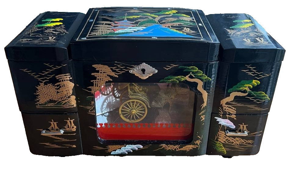 VTG Japanese Black Lacquer Large Jewelry Box Hand Painted Rickshaw Turns Mt Fuji