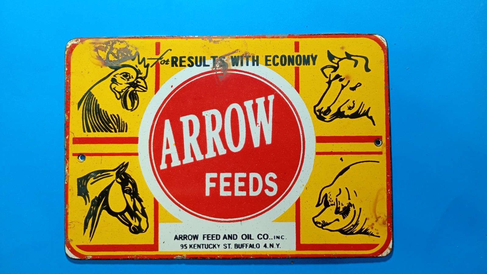 Vintage ARROW FEED & OIL Co Buffalo NY Porcelain Enamel Sign 8\