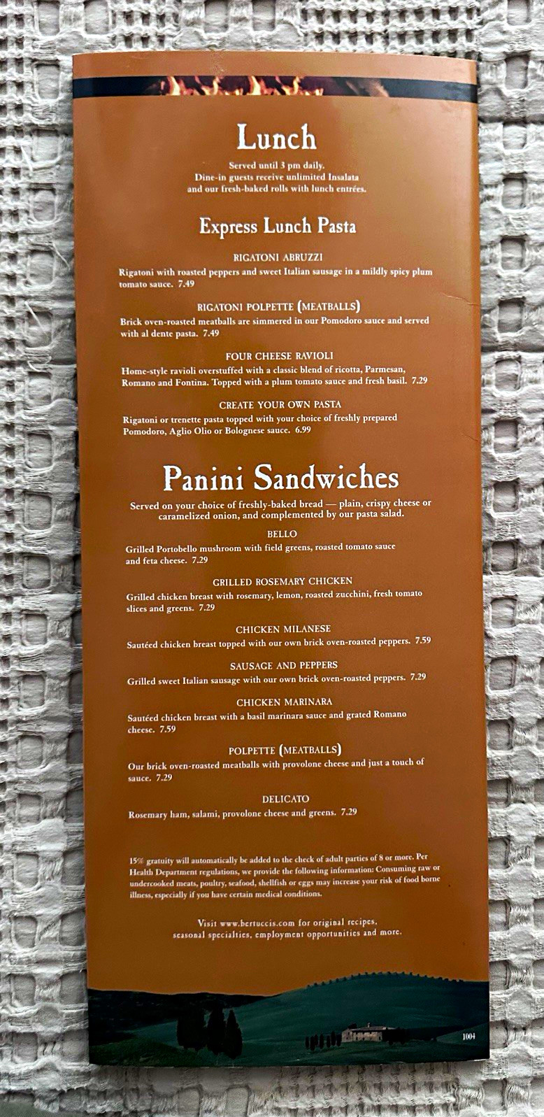 ⁠Vintage Bertuccis Restaurant Menu Hard Plastic Laminated Italian 90’s
