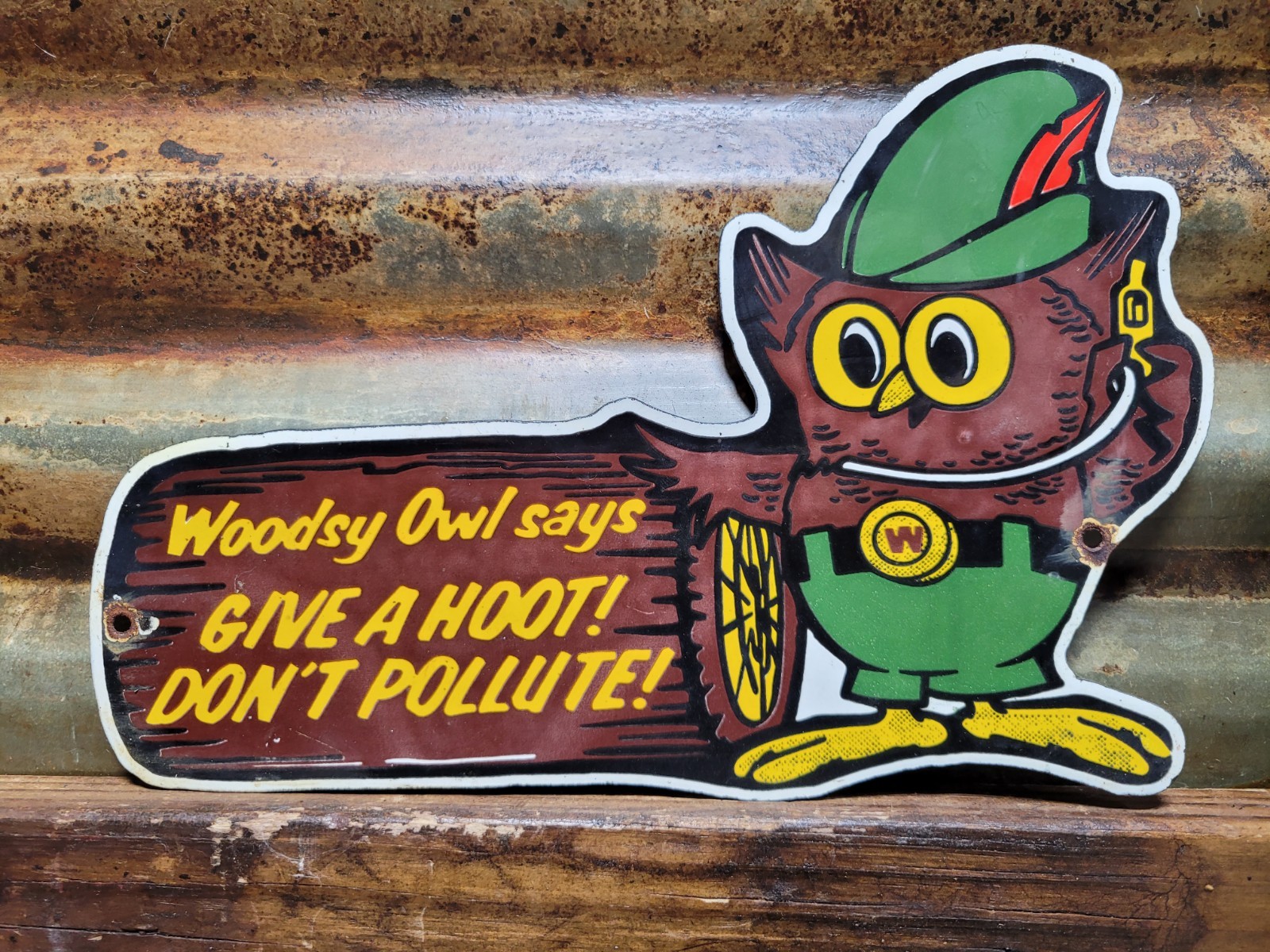 VINTAGE WOODSY OWL PORCELAIN SIGN OLD FOREST SERVICE PARK SMOKEY DONT POLLUTE