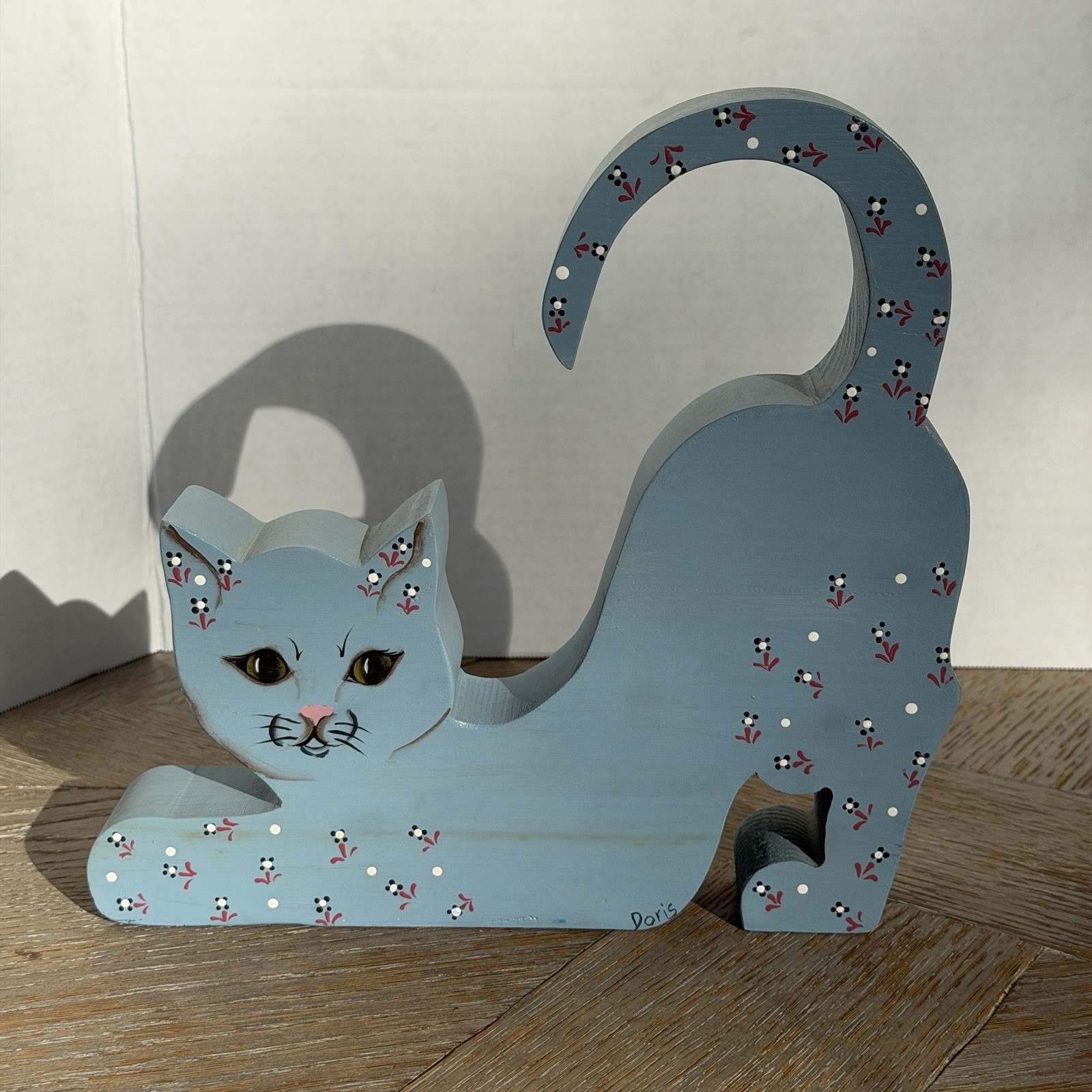 Vintage Hand Painted Wooden Cat Folk Art Blue Floral