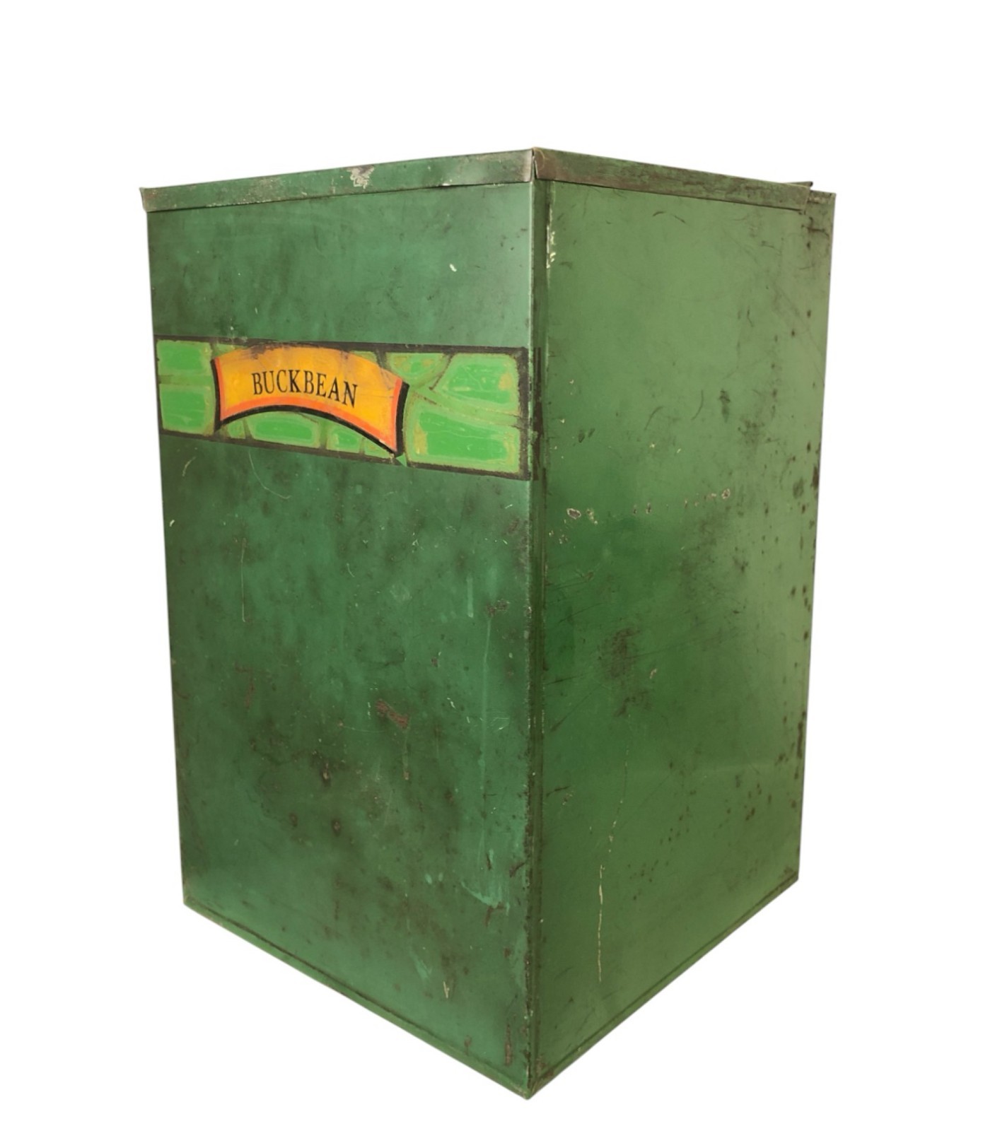 Vintage Green Metal Apothecary Shop Tin Bin Buckbean Herb Storage Box 11.5