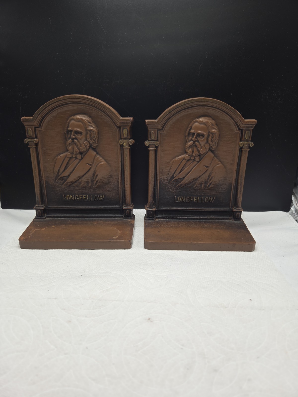 BRONZED BOOKENDS LONGFELLOW ANTIQUE CAST IRON c1920 PAIR Bradley & Hubbard