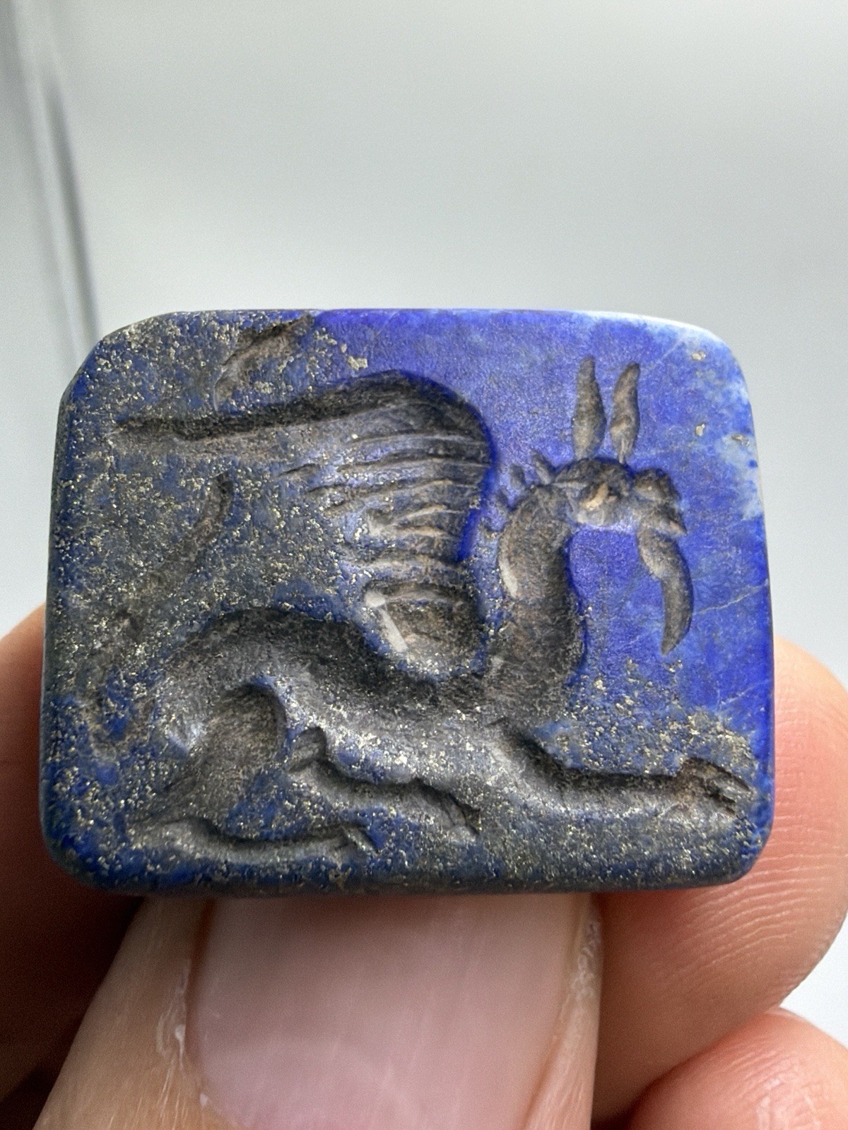 Roman Ancient Lapis Lazuli Winged Animal Carved Amulet Stamp Mythical Creature