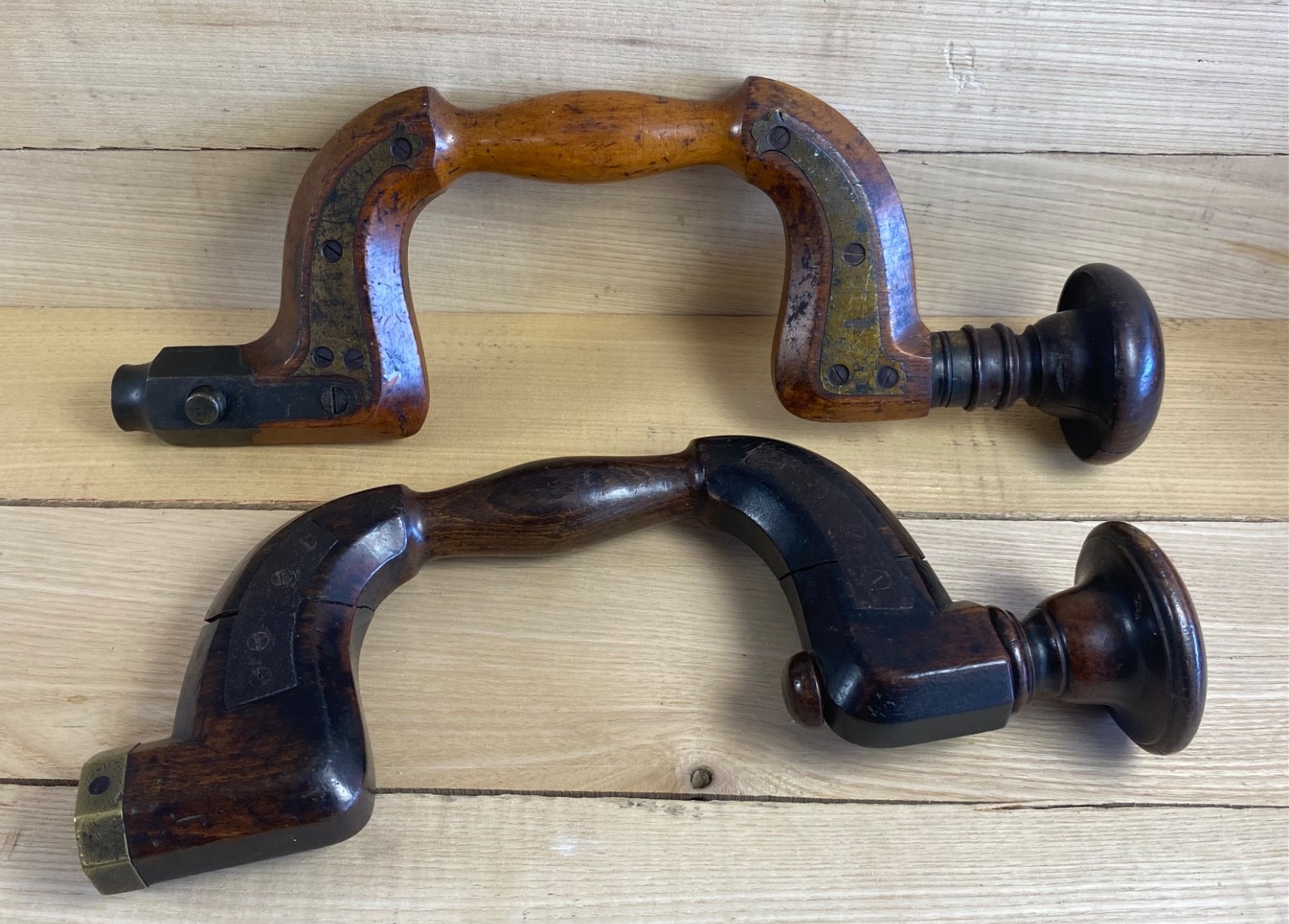 Two Antique Wooden Auger Braces For Restoration or Display Old Tools