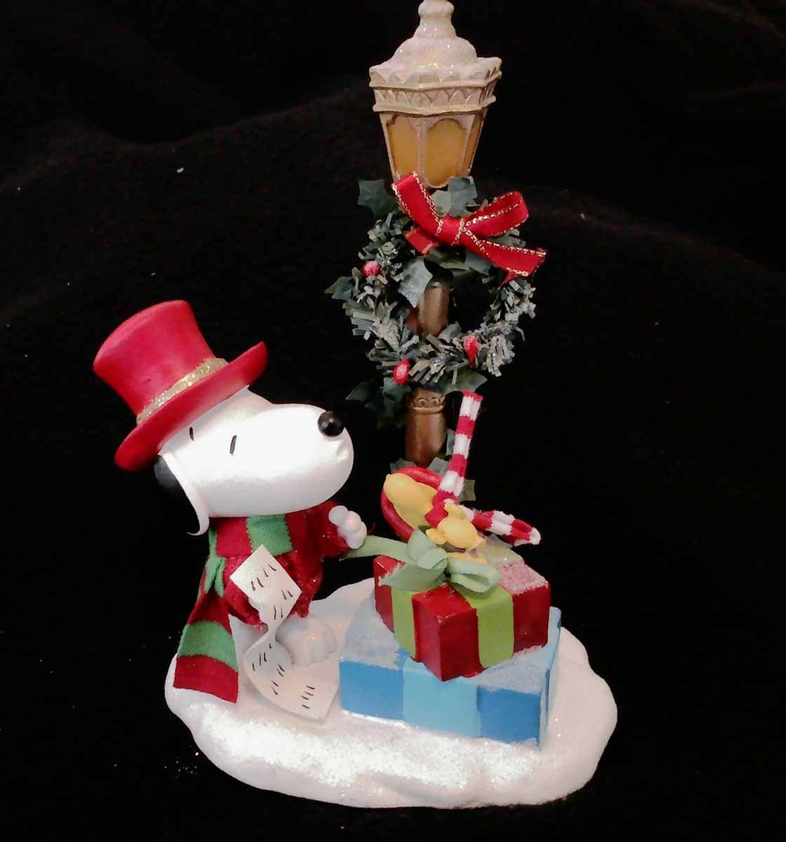 Snoopy and Woodstock Christmas Figurine Display With Lighted Lantern Pole