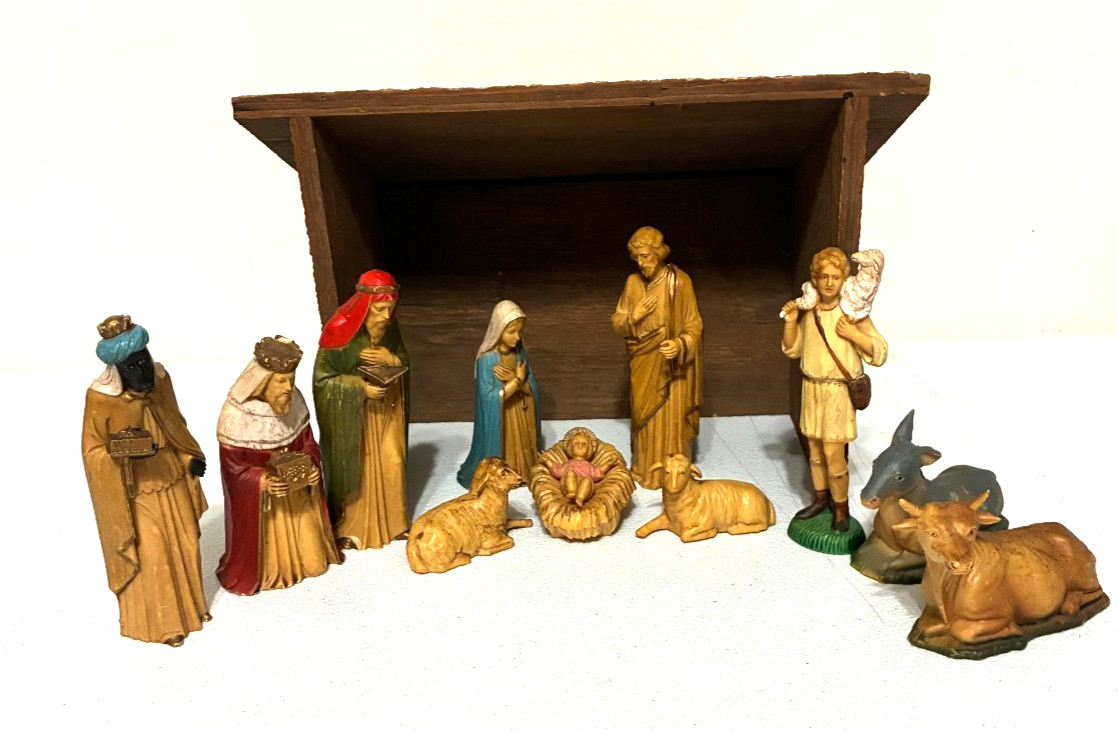 Vintage Nativity 12 Piece Set with Creche Made in Hong Kong Holy Family 1960\'s