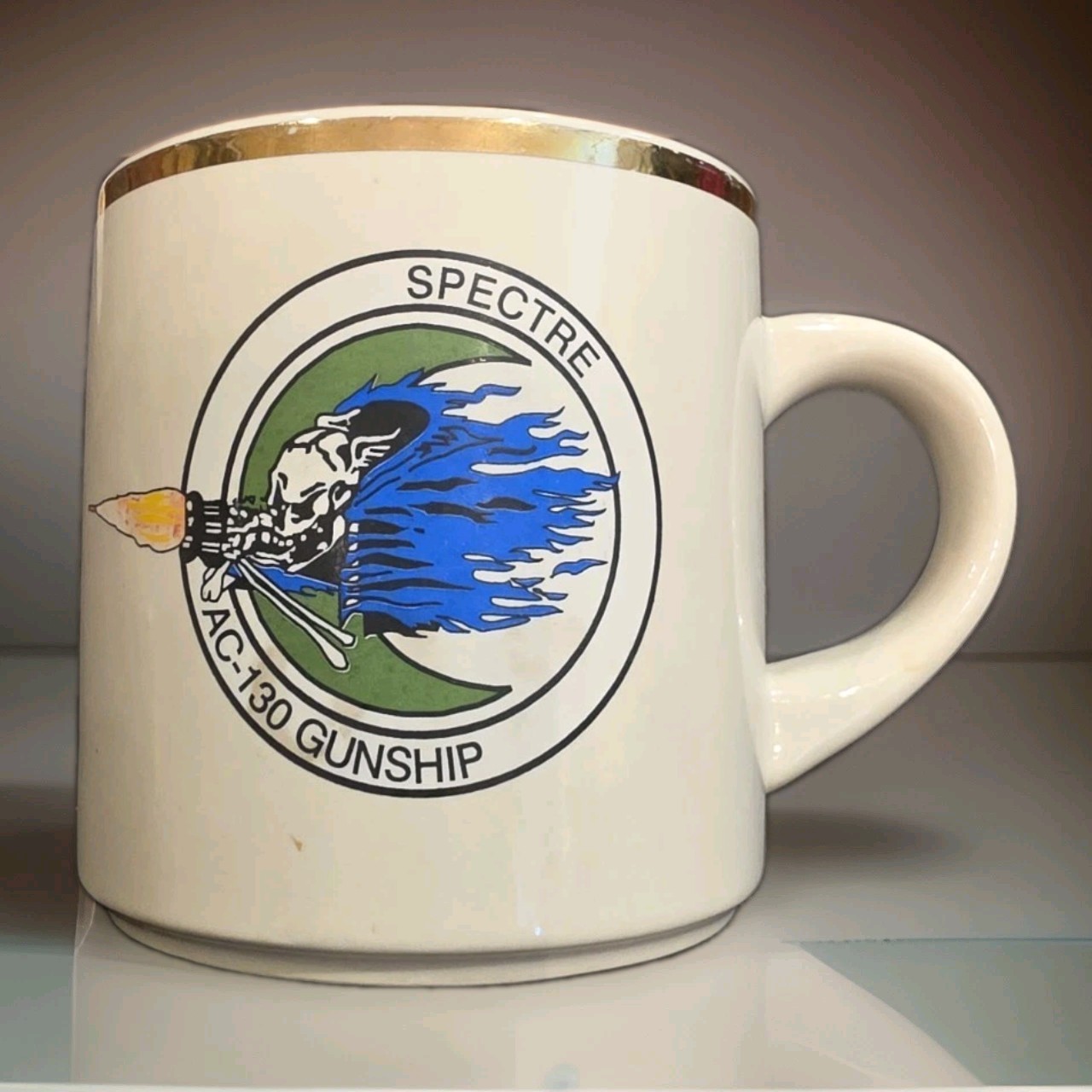 Vintage USAF AC-130 Gunship Spectre Coffee Mug Gold Rim Military Aviation C-130