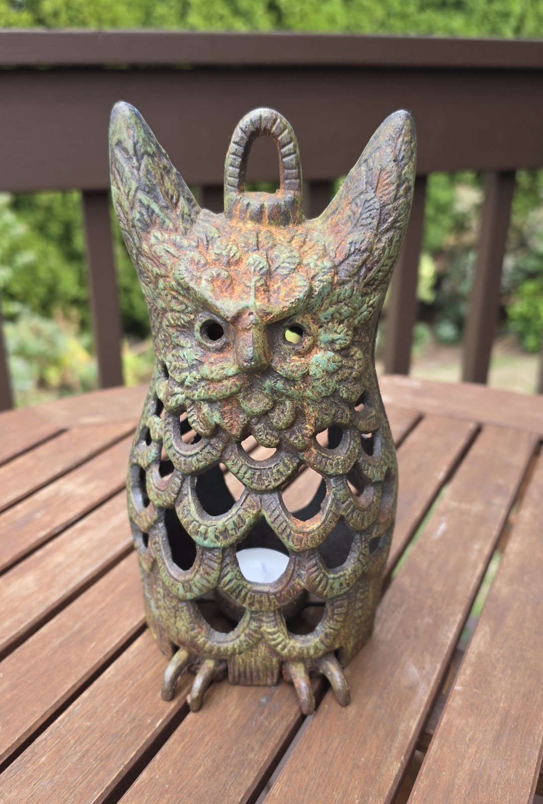 Vintage 70\'s Cast Iron Owl Candle Hanging Lantern Mid-Century Halloween Decor