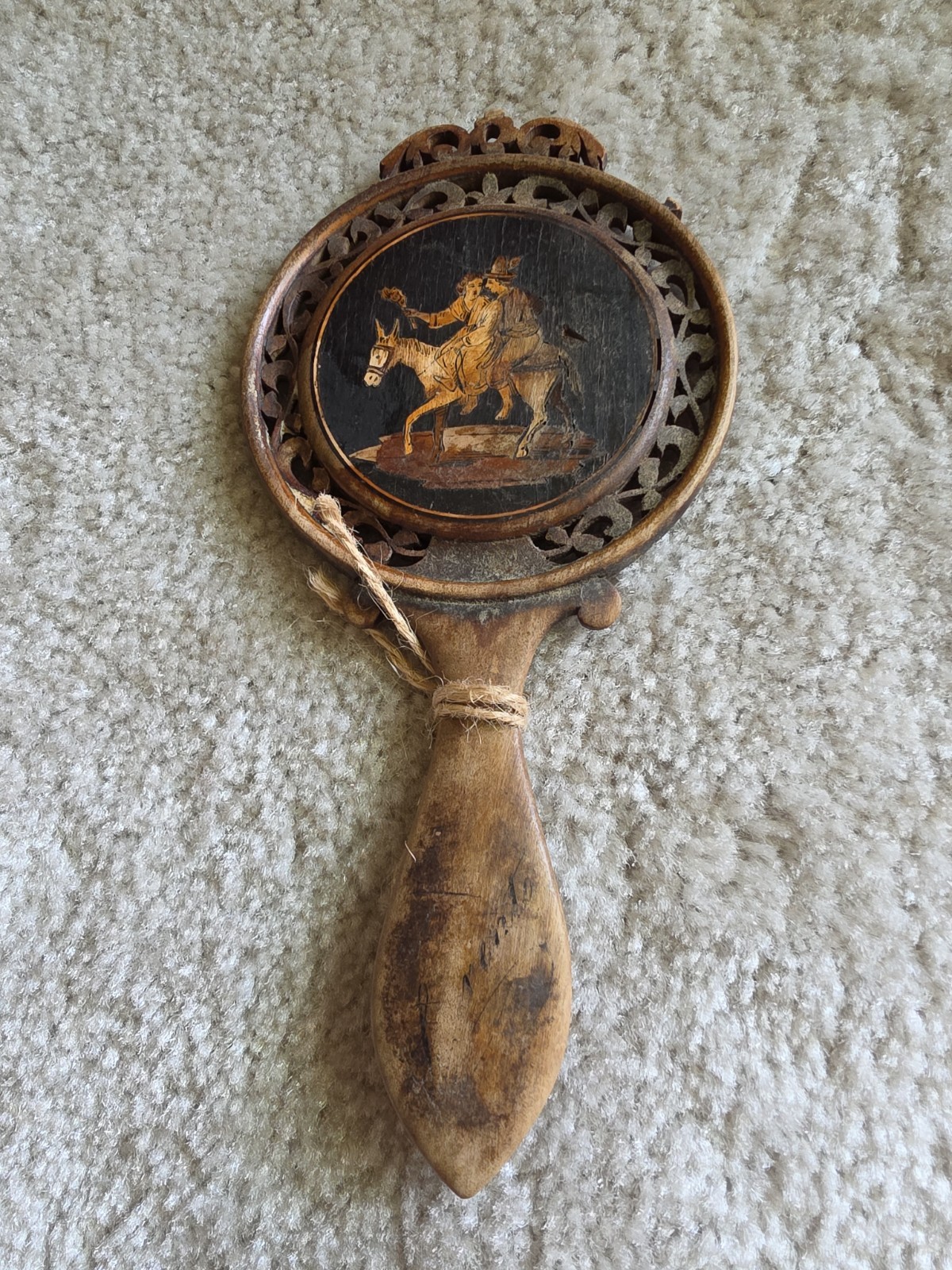 Antique Italian Sorrento Ware Olive Wood Hand Mirror Marquetry Inlay Folk Art AS