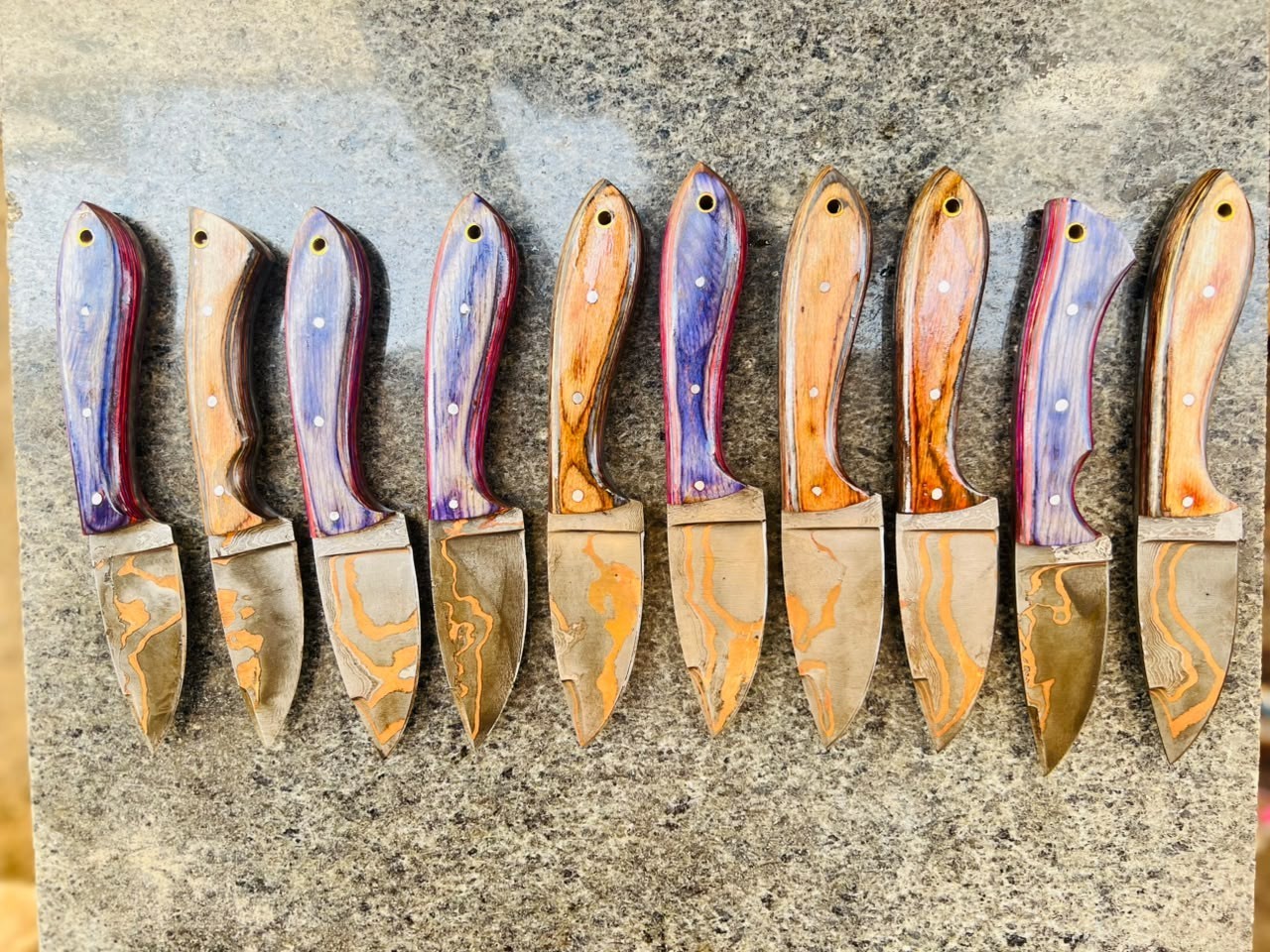 Premium Lot of 10 Copper Damascus Steel Knife Wood Handle With Sheet