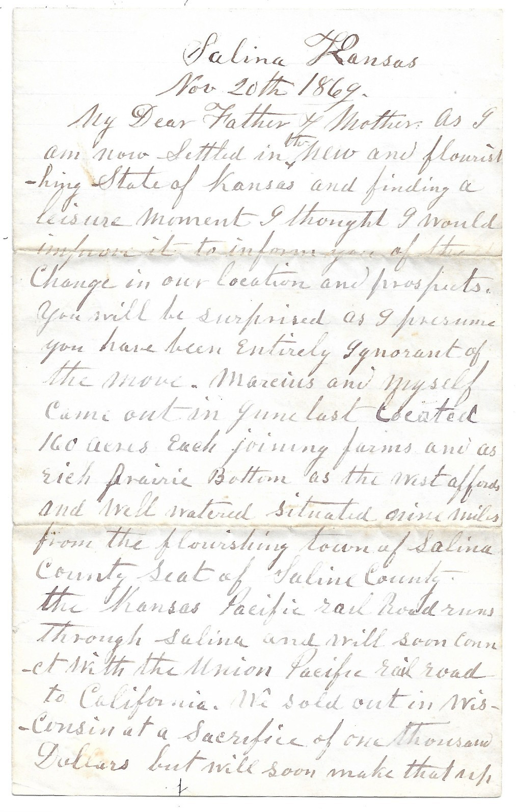 1869 Salina Kansas Recent Immigrant Building Homesteads 4 Pg Letter Transcribed