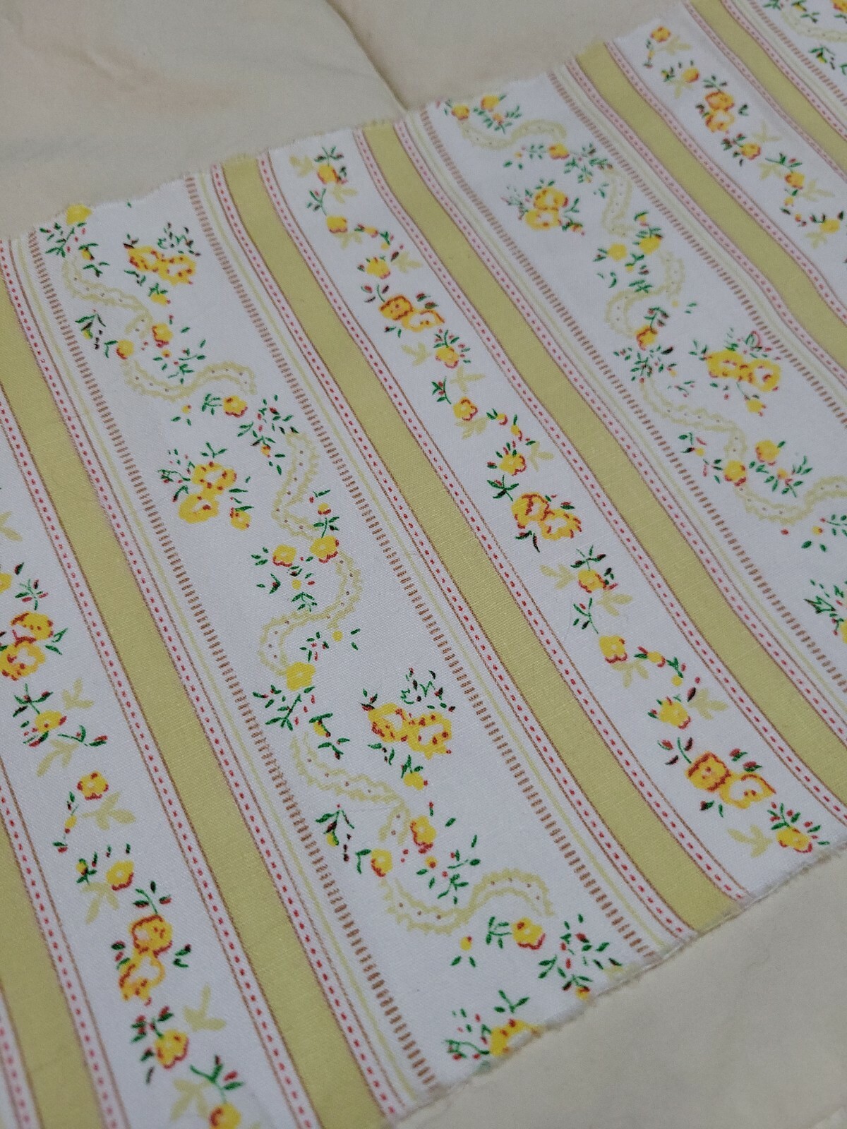 BTY Vintage Cotton Fabric Crisp Pillow Ticking Yellow Floral Stripes 42