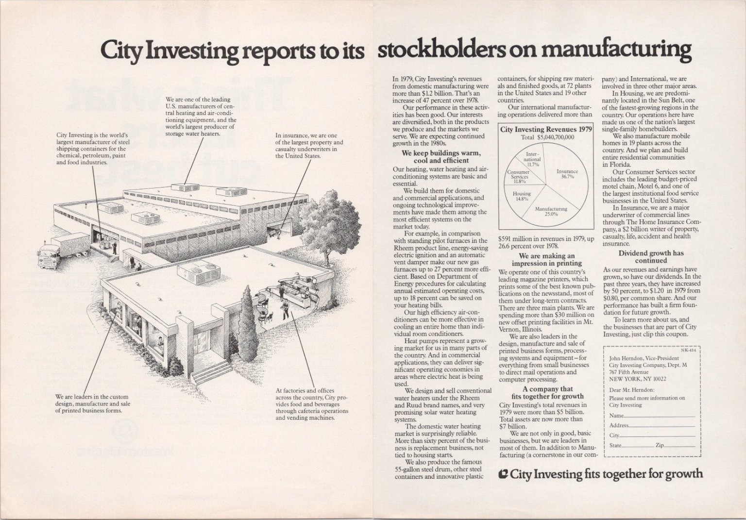 City Investing 1980 Vintage 2pg Print Ad Stockholders Manufacturing Report