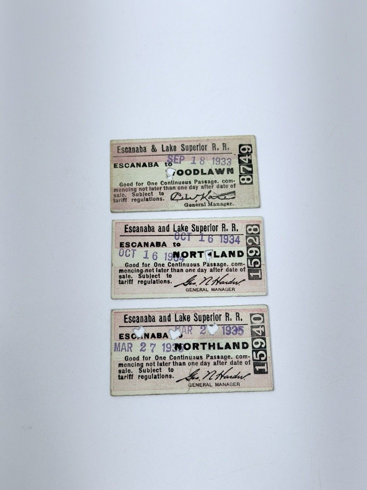 Vintage Train Tickets 1933 1934 35 Escanaba And Lake Superior Railroad Lot of 3