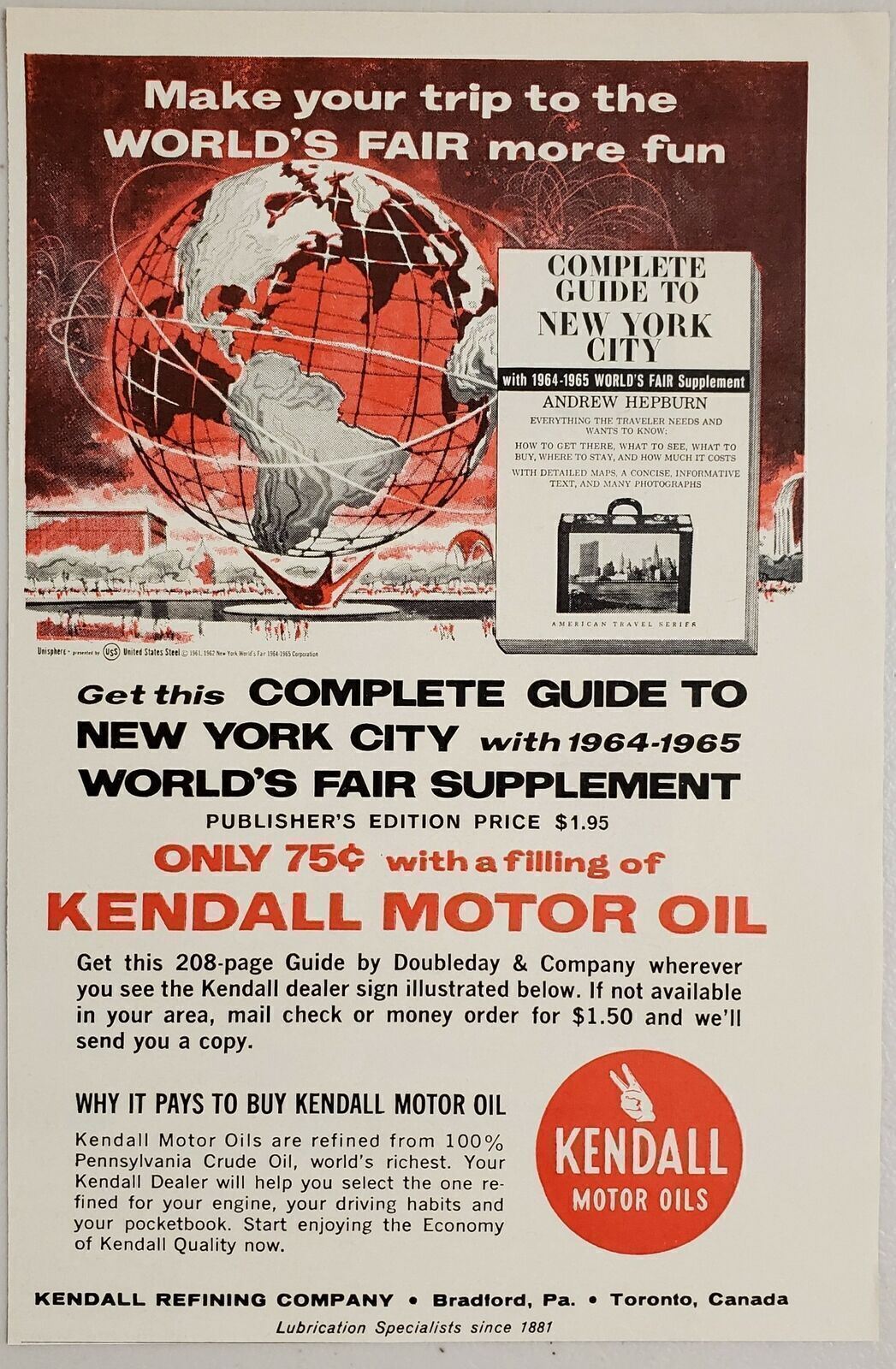 1964 Print Ad Kendall Motor Oil New York City World\'s Fair Supplement