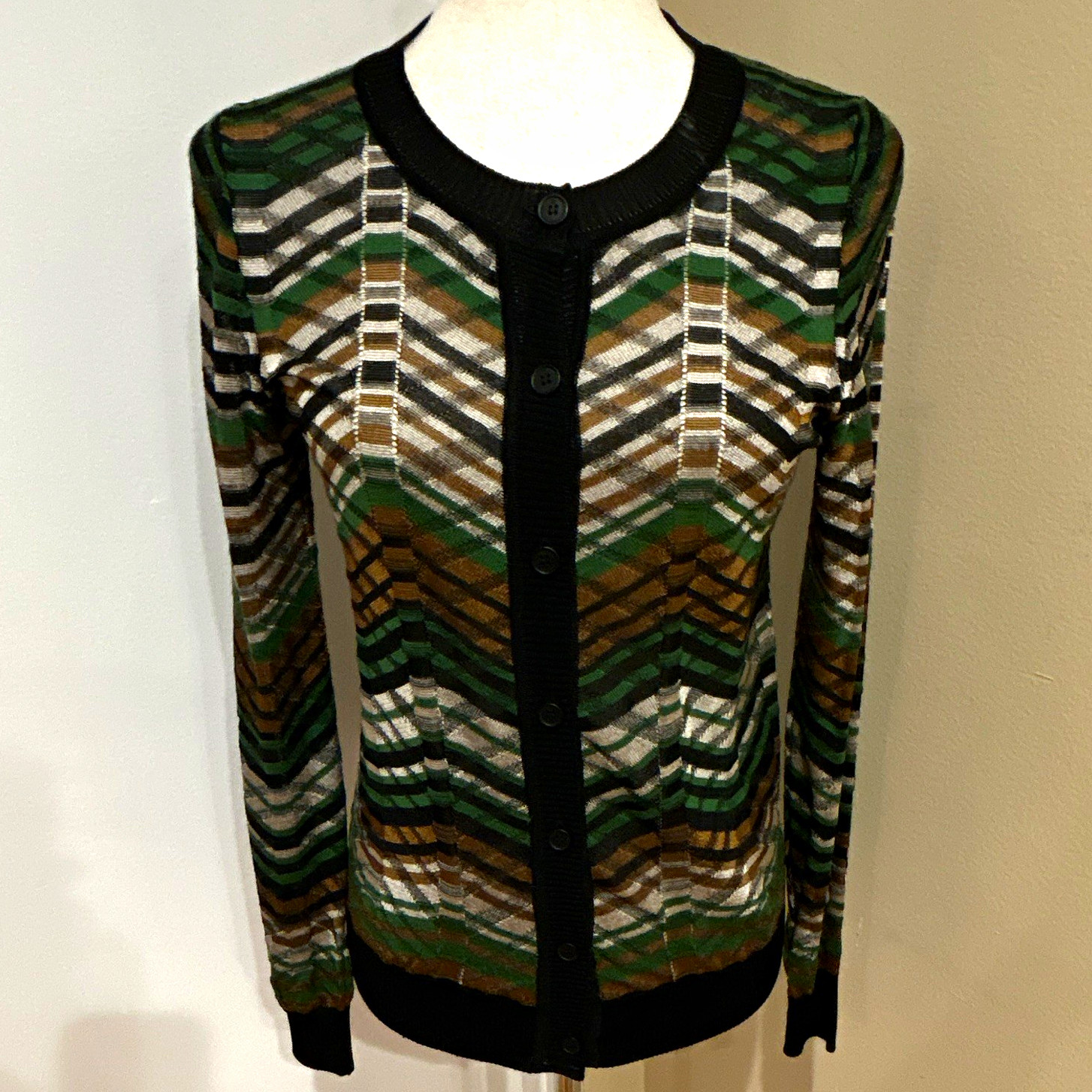 M Missoni Openwork Chevron Stripe Knit Cardigan Green Black Brown Sz S