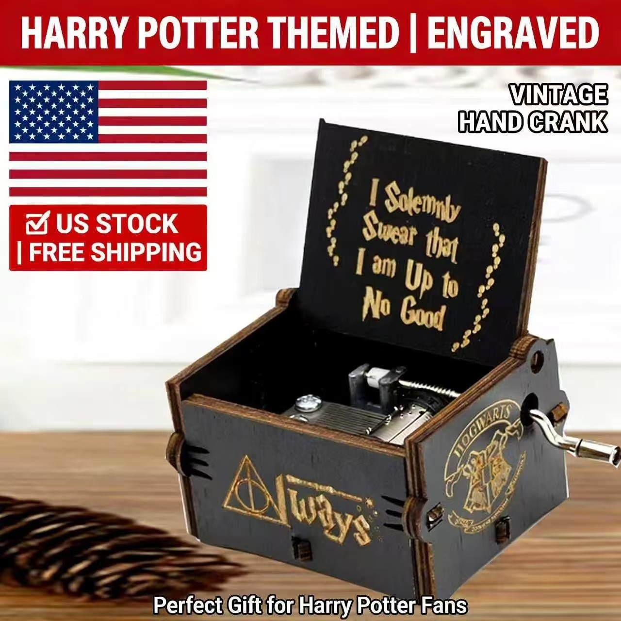 Harry Potter Hand Crank Wooden Music Box Vintage Engraved Gift USA Stock