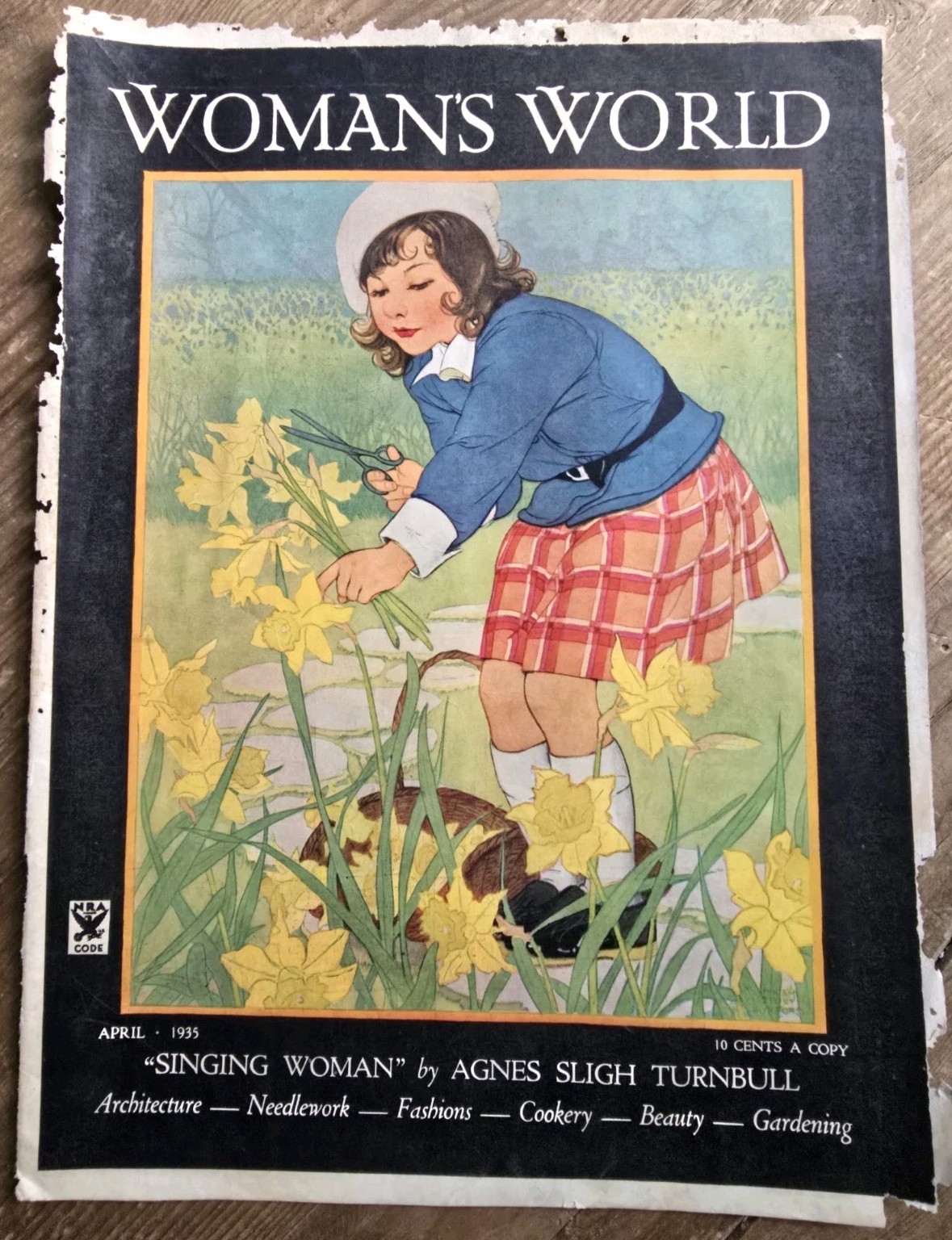 1935 Woman's World Magazine Front Cover Only Miriam Hurford Art Girl Daffodils