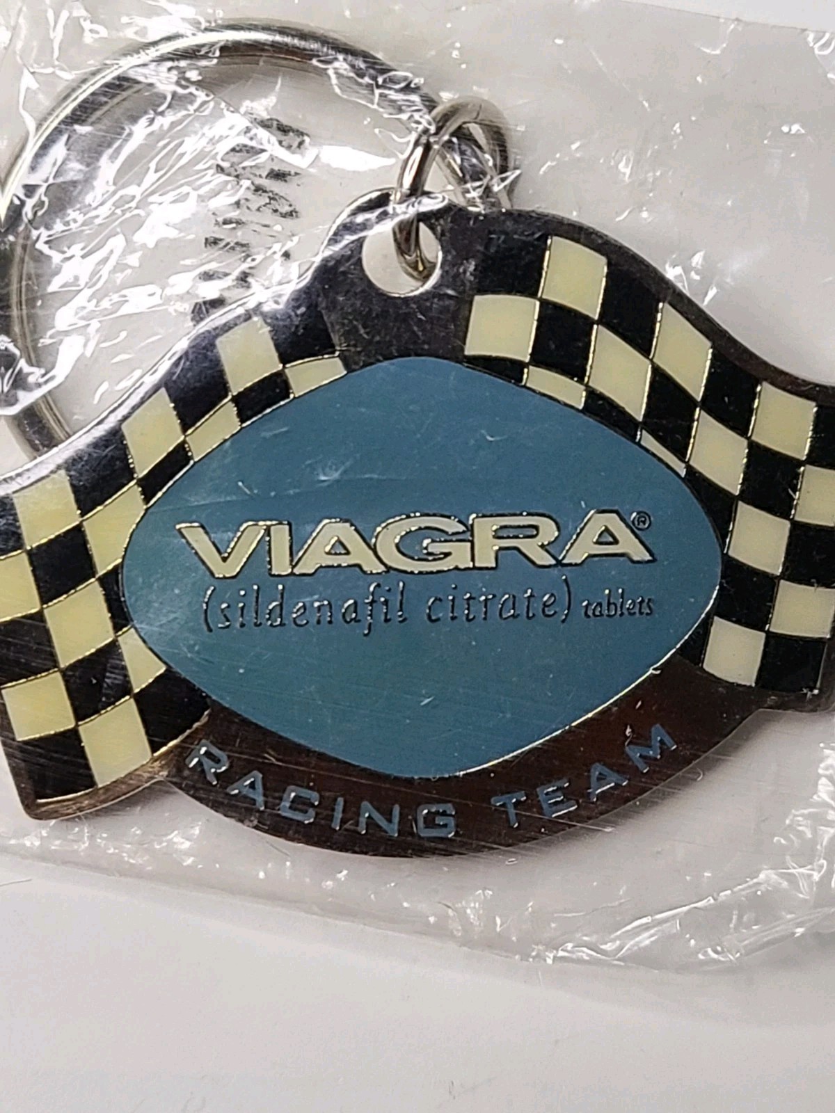 VTG NOS Viagra Racing Team Keychain Crossed Checkered Flags NIP RARE 1\