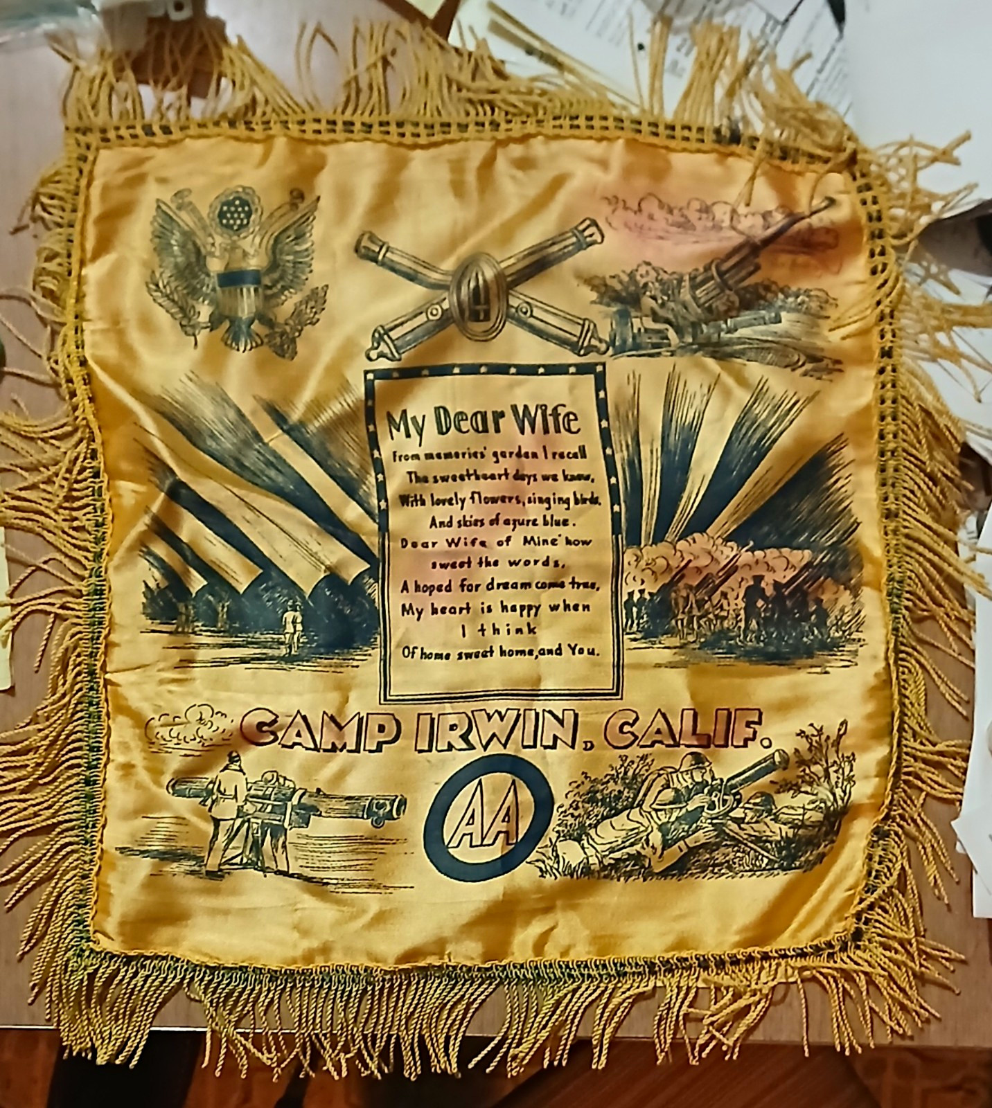 WWII US Army Camp Irwin CA Souvenir Pillow Sham Fringe \