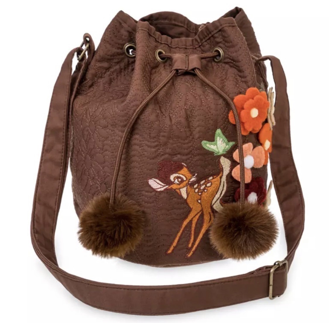 Disney Bambi Felt Flowers, Crossbody, Bucket Style Drawstring Bag 2022 NEW