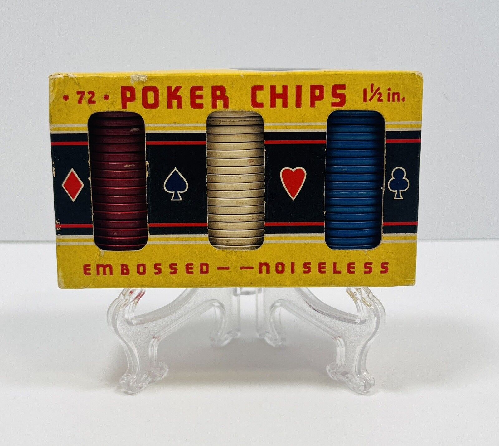 🔥 Vintage Box Of 72 Poker Chips Embossed-Noiseless Red White Blue  V-B Products