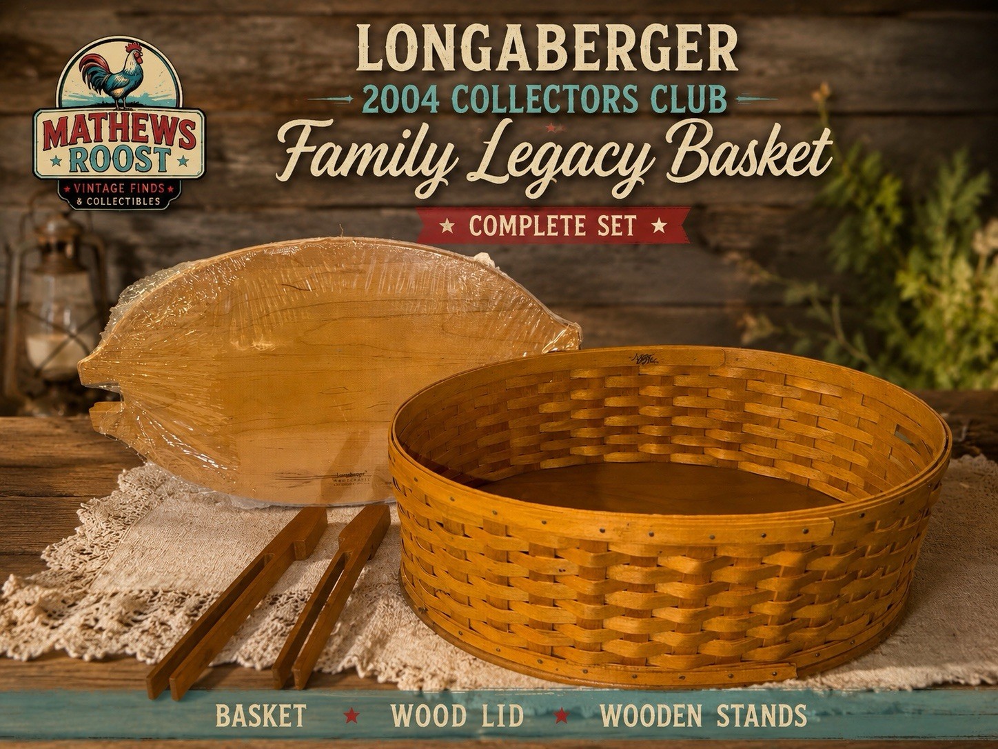 Longaberger 2004 Collectors Club Family Legacy Basket Wood Lid Stand Complete