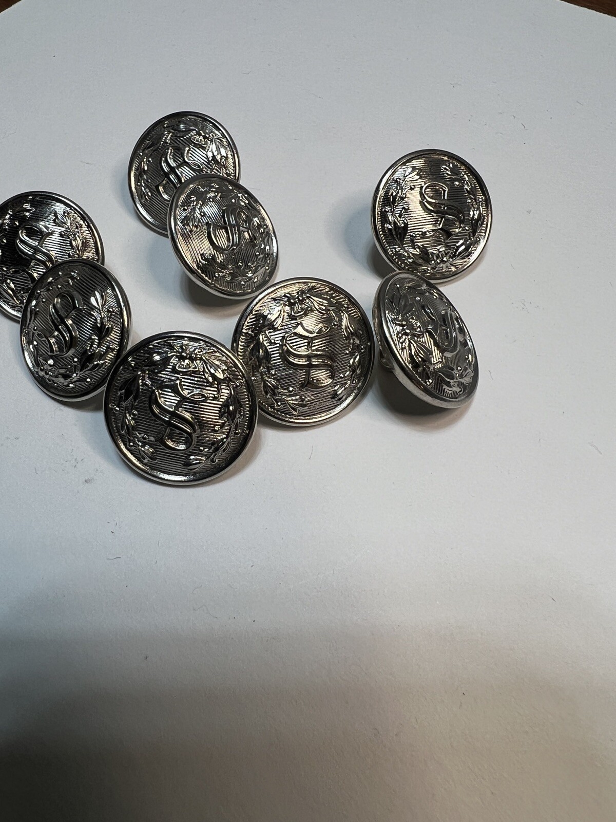8 Vintage Silver Chrome “S”  in Wreath Uniform Buttons Waterbury Co.