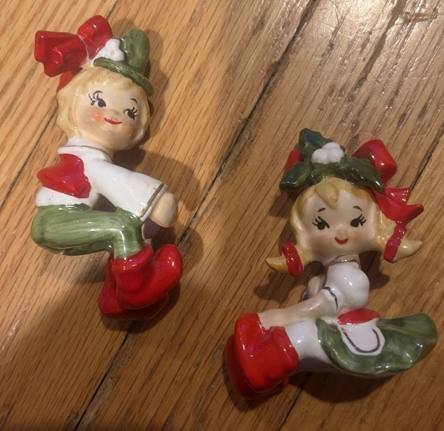 Vintage Lefton German Boy & Girl Ceramic Christmas Candle Huggers-READ