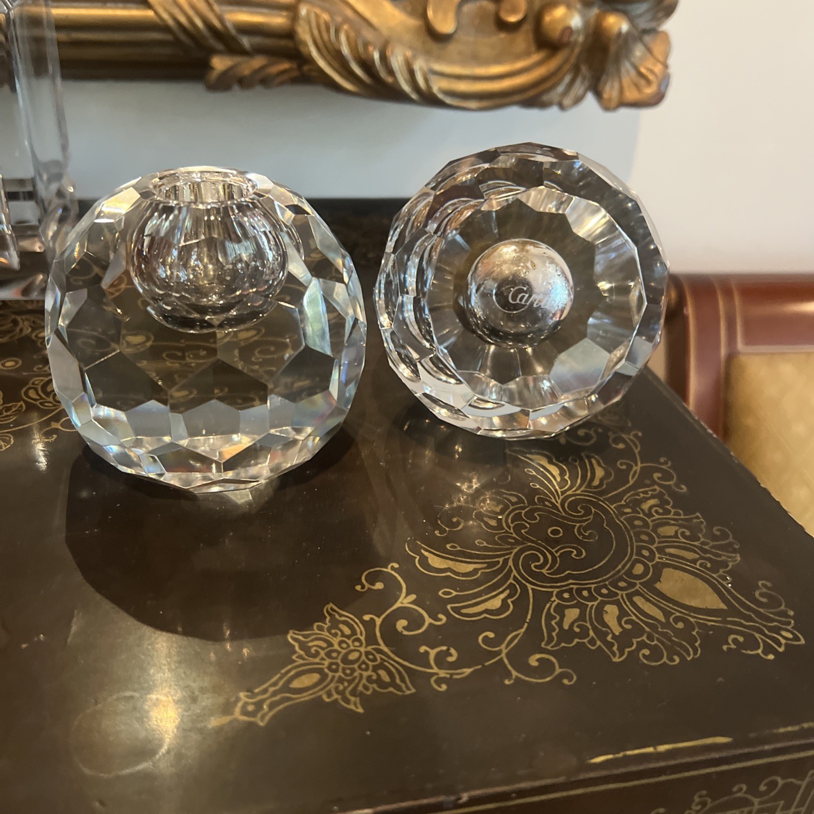 Pair Of Vintage Cartier Globe Ball Crystal Candle Holders Faceted Stunning