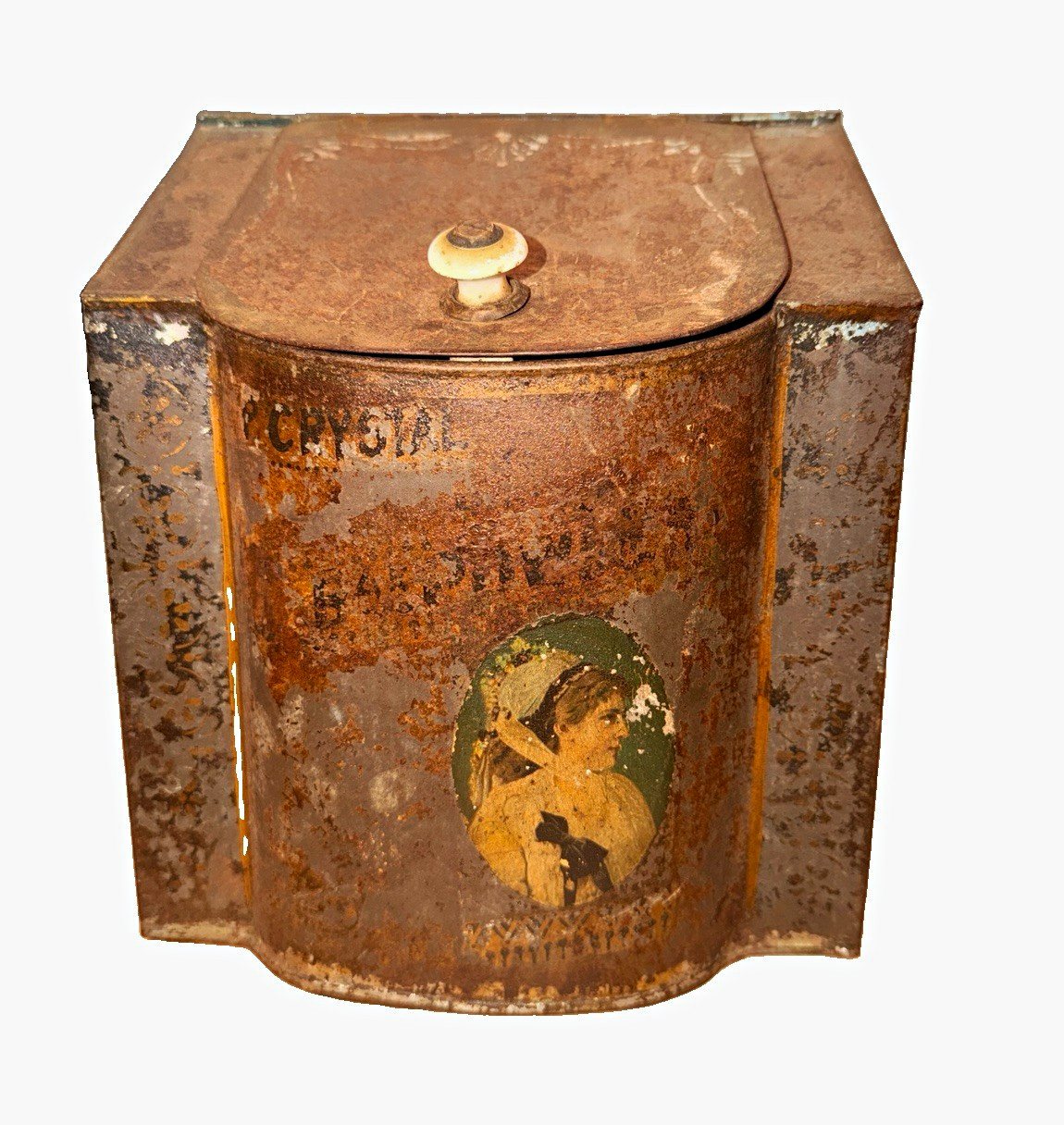 Late 1800’s or Early 1900’s Tin Toleware Storage Container Antique woman graphic