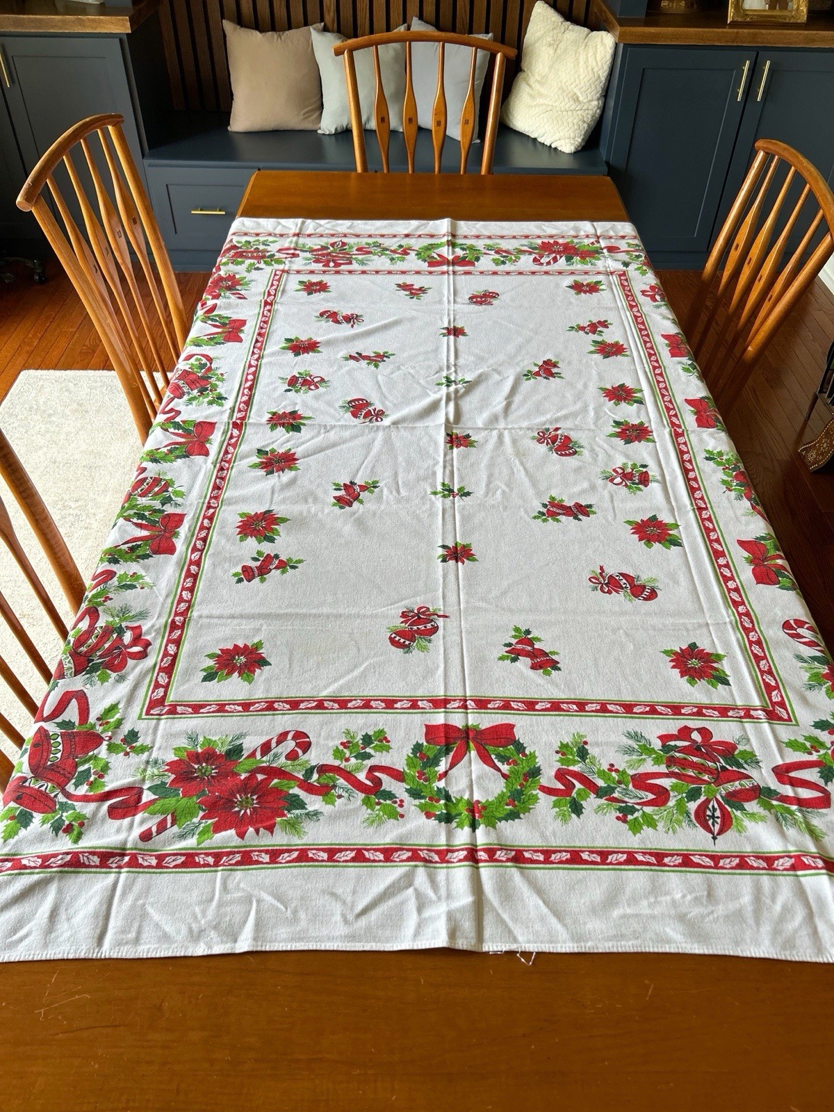 Vintage Mid Century Tablecloth Christmas Retro Holiday Bells Holly 70” X 58”
