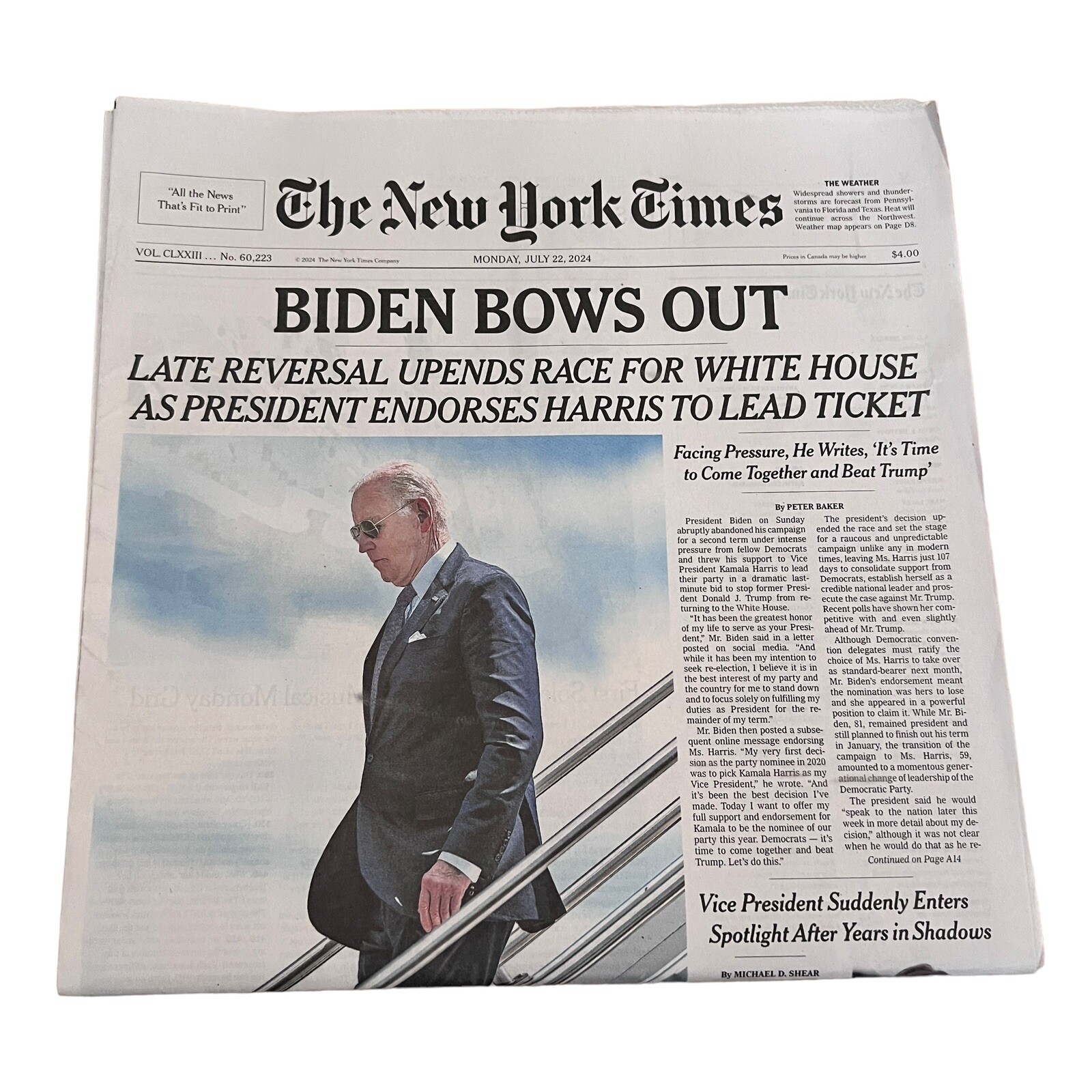 HISTORIC New York Times Newspaper BIDEN BOWS OUT Kamala Harris Vs Trump? July 22